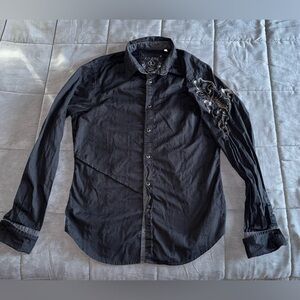 Guess Black Dress Shirt with Embroidery on sleeve and back Size Large Mens Y2K